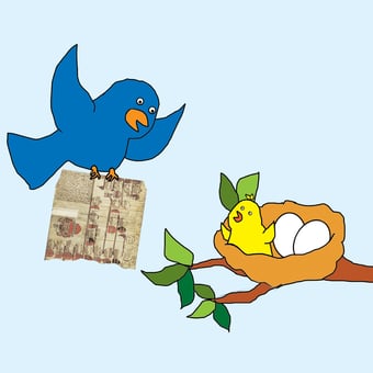 Pictured: A large blue bird carrying a family history document in its claws flies towards a nest. The bird looks excited and happy. The nest is on the end of a branch. It contains a yellow baby bird with an excited expression. There are also two eggs in the nest. 