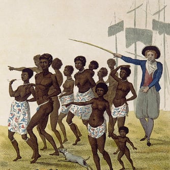 Group of enslaved persons being brought to Suriname to be sold