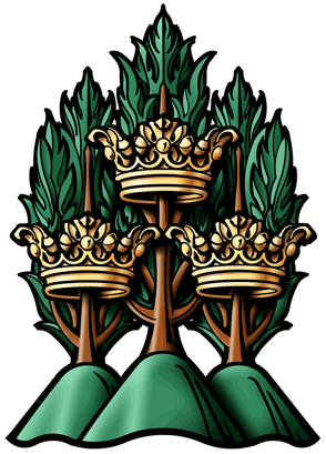 Heraldry graphic with trees and crowns