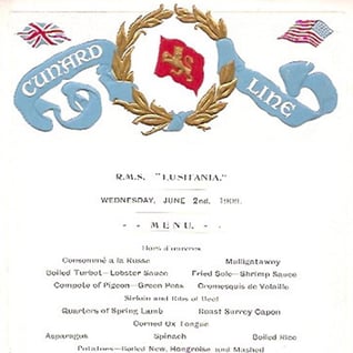 Second class menu card from the Lusitania, 1909